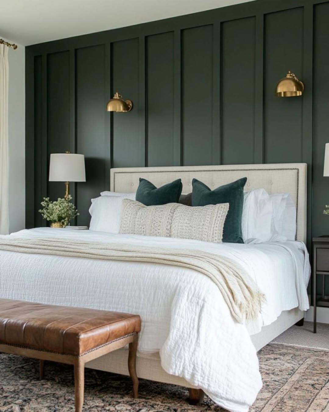 Deep green wall makes neutrals feel richer