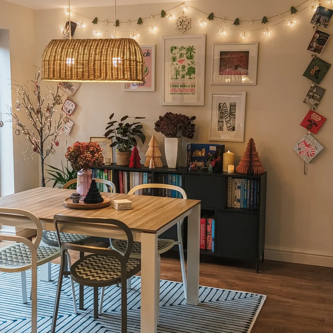 Warm dining space with rattan and strong lights