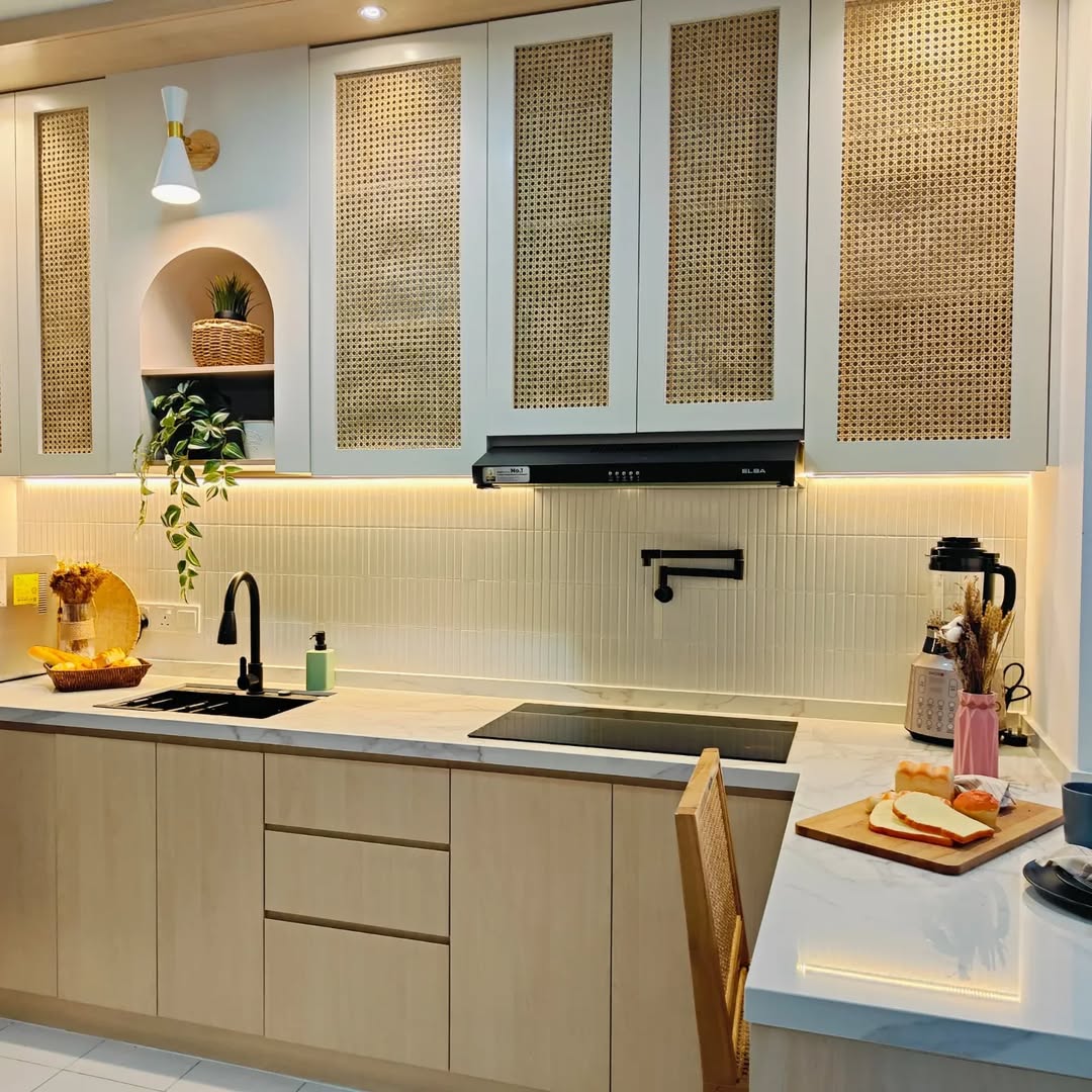 Warm wood tone cabinets are also very trendy