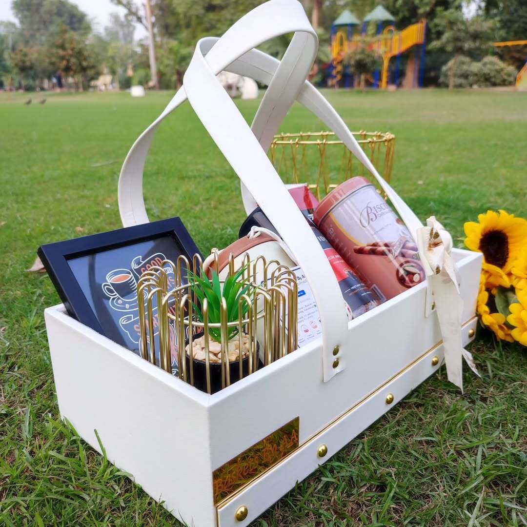 A white elegant coffee gift basket