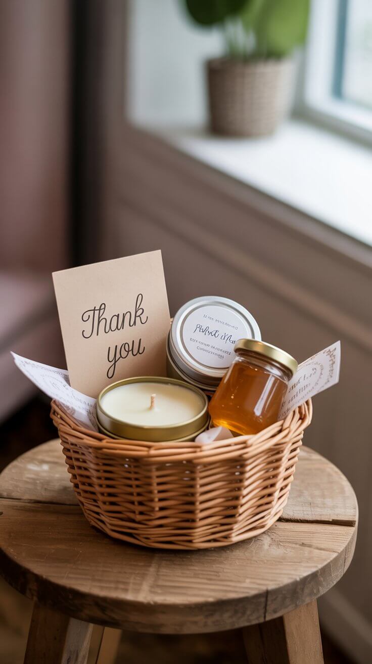 A thank-you basket with a candle, jar of honey, and a handwritten card.