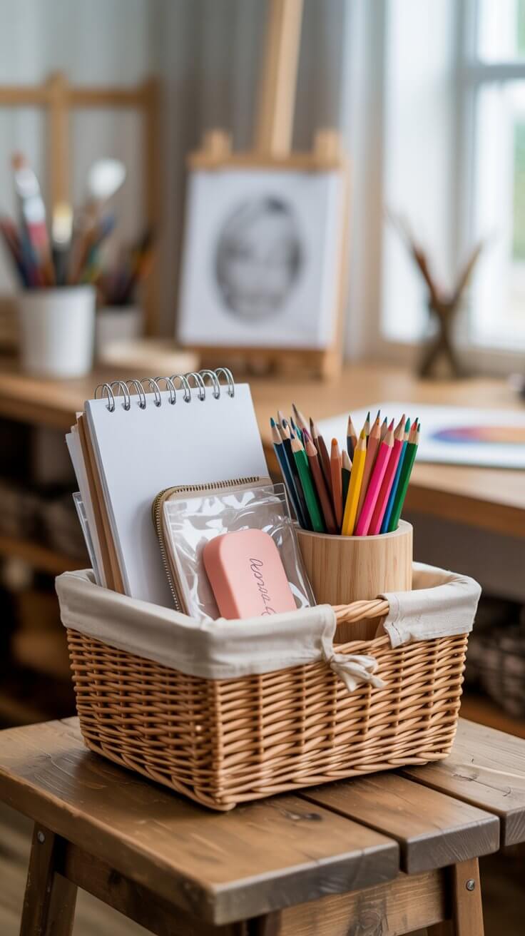 An artist’s gift basket with sketchpads, pencils, and drawing supplies