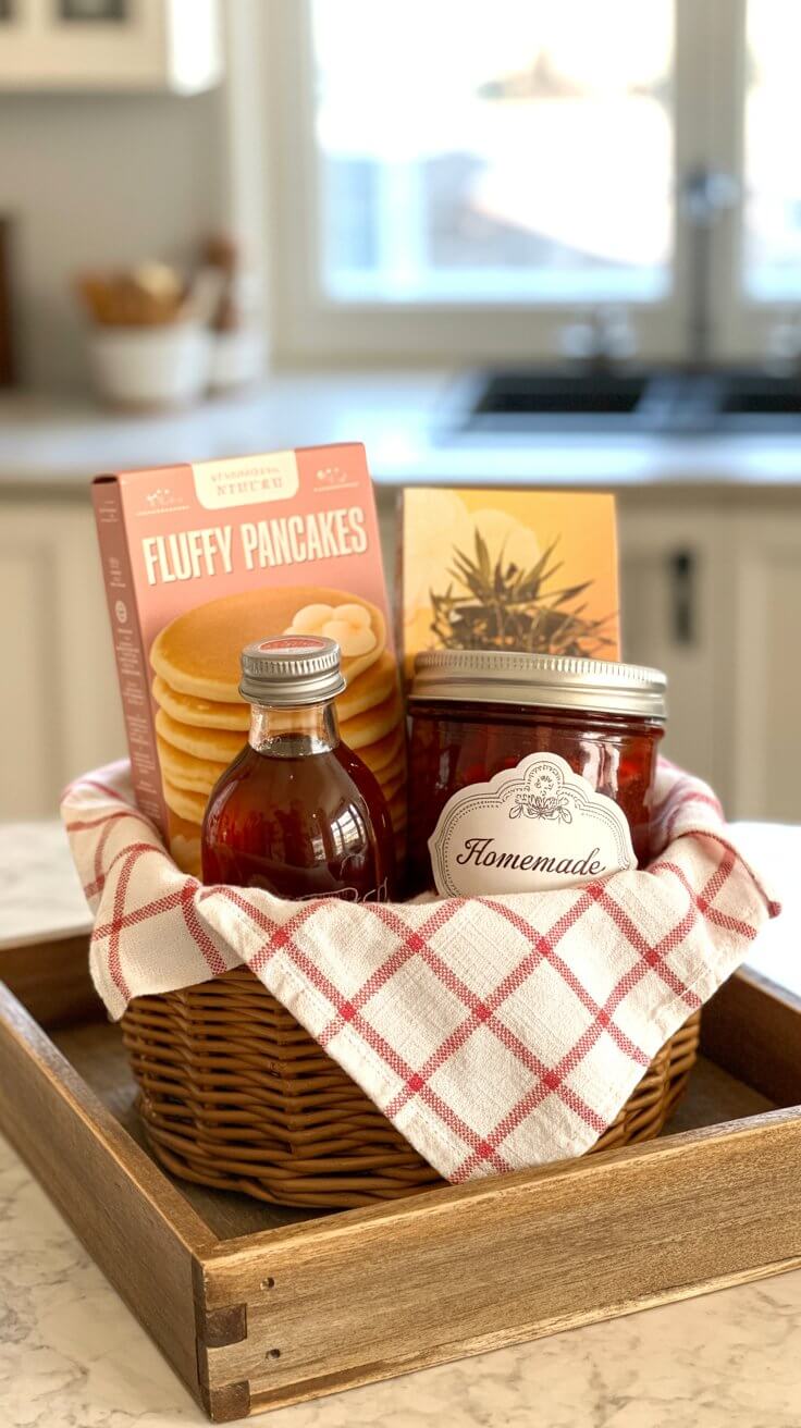 A breakfast basket with pancake mix, syrup, and homemade jam