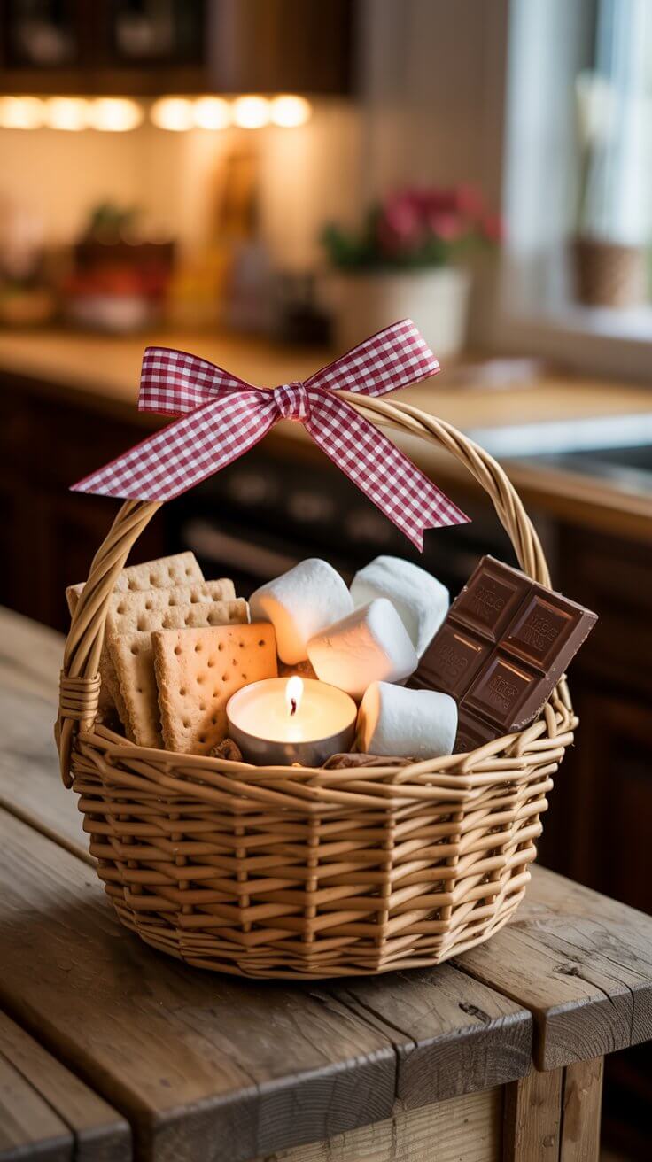 A s’mores gift basket with graham crackers, marshmallows, chocolate, and a candle