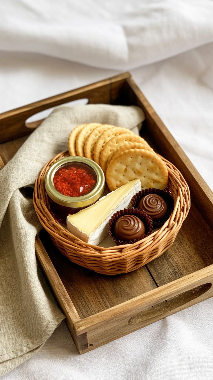 A mini charcuterie basket with crackers, brie, raspberry jam, and chocolates