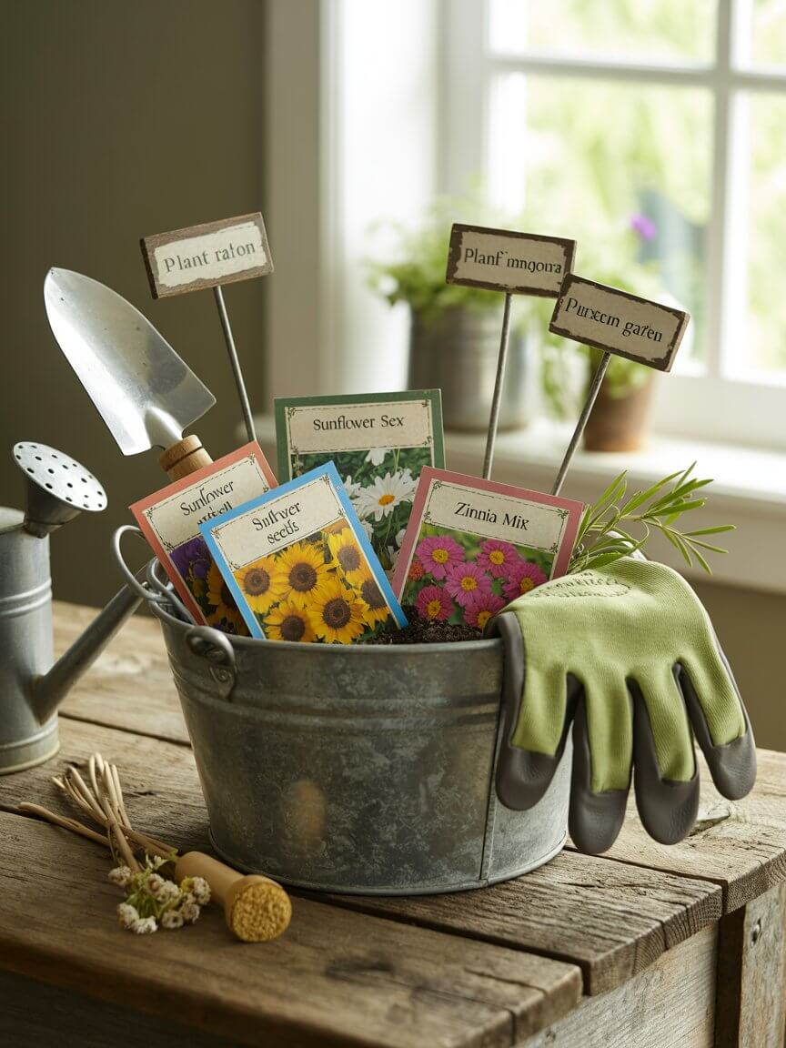 A gardener’s gift basket with seed packets, gloves, and planting tools