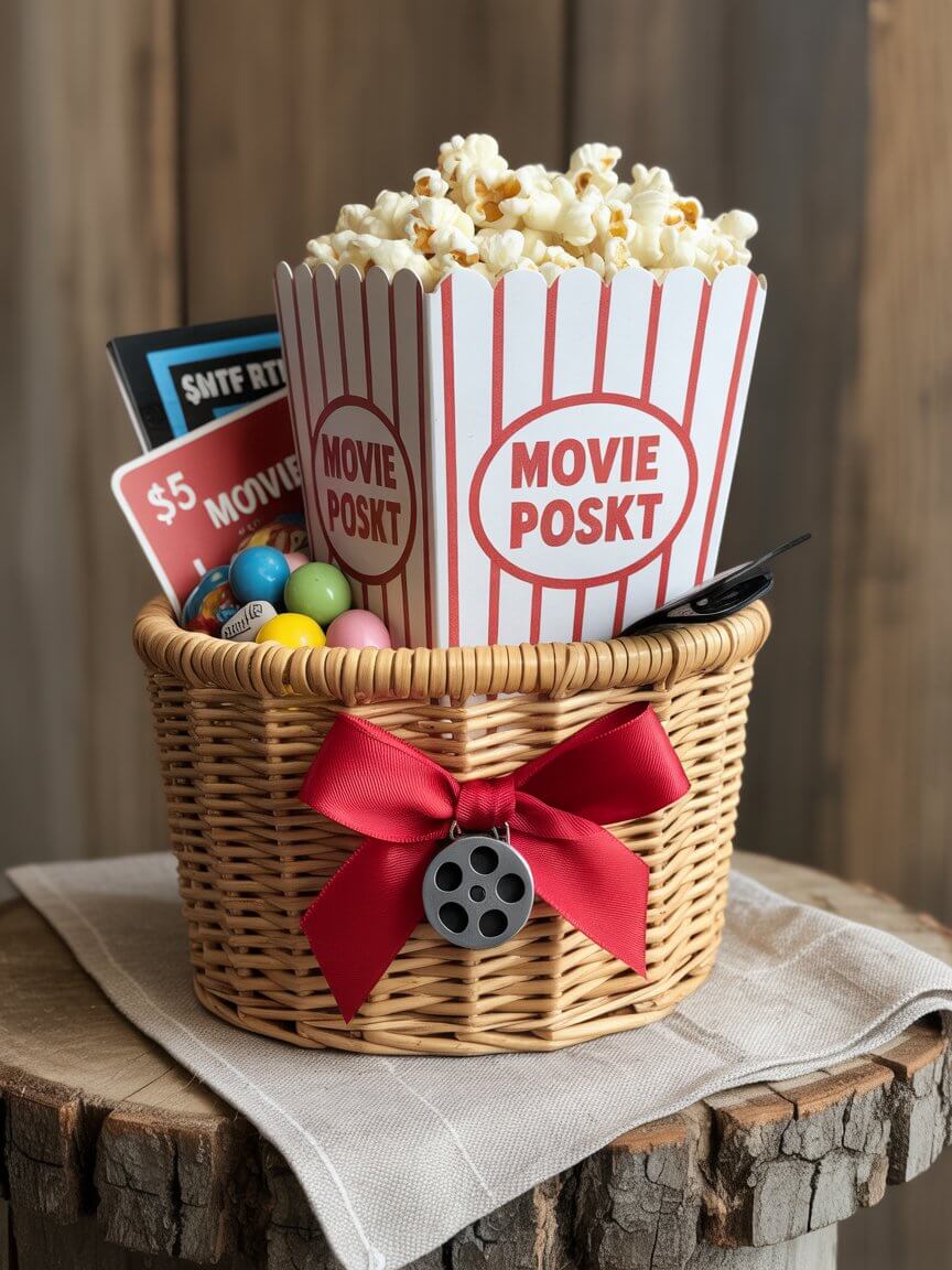 A movie night basket with popcorn, candy, gift cards