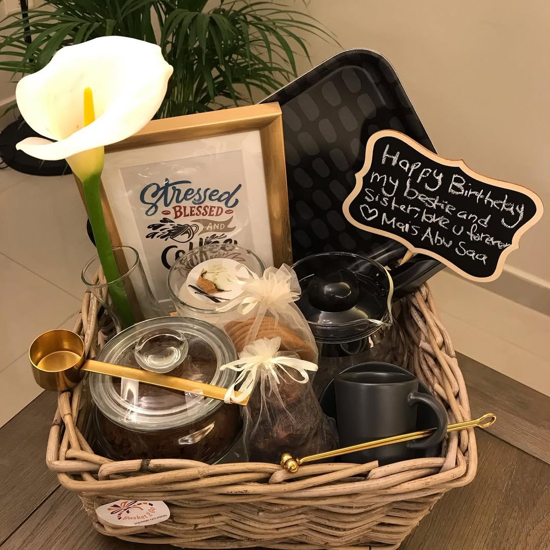 Thoughtful coffee gift basket with a handwritten note