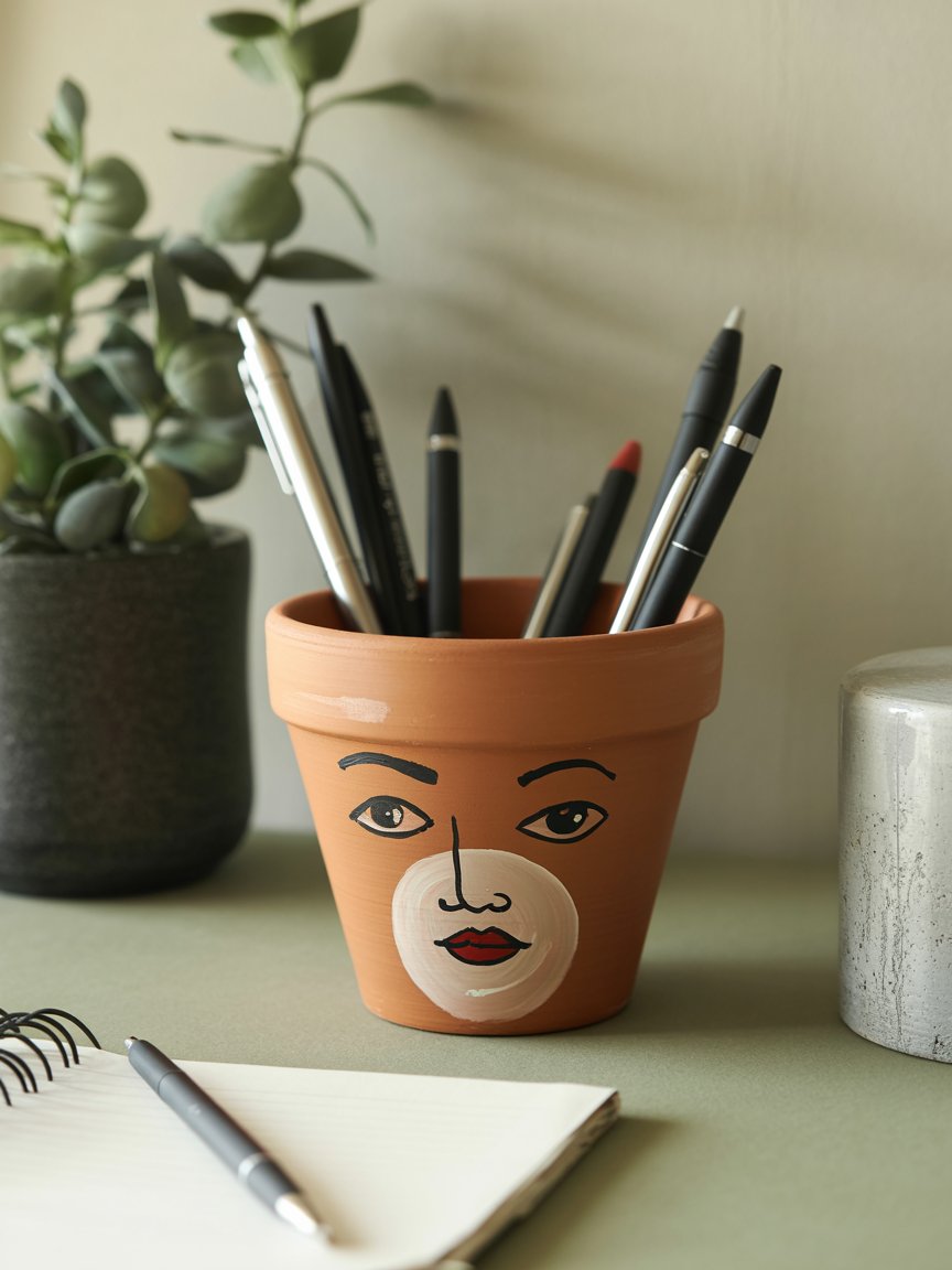 Painted pot doubling as desk organizer