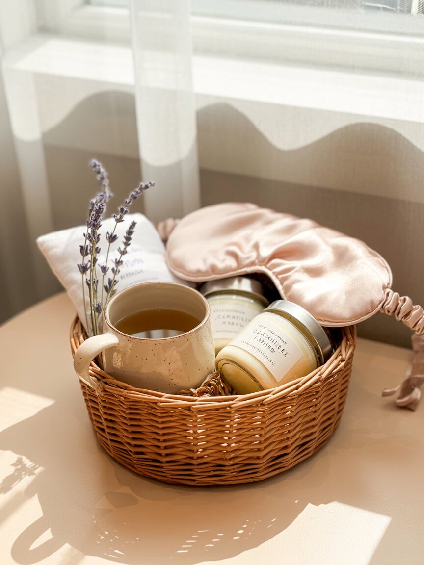 A cozy bedtime basket with tea, candles, lavender, and a silk sleep mask.