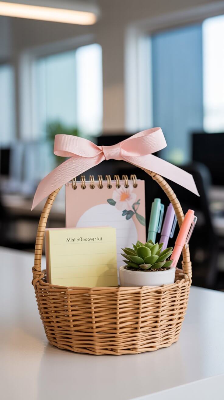 Mini office makeover basket with notepads, pens, and a small potted plant
