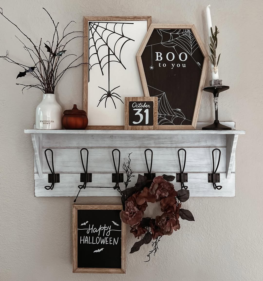 From Halloween to New Year, seasonal decor adds personality to a shelf