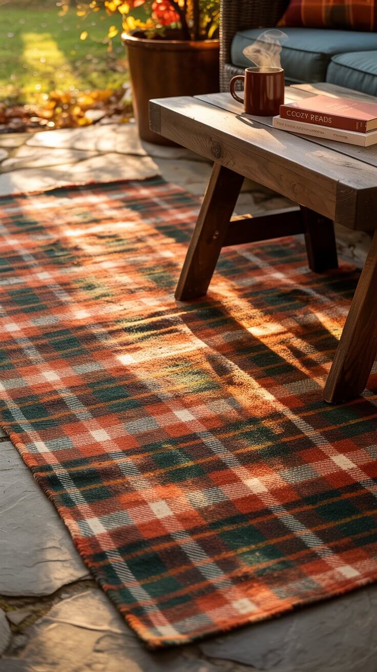 Plaid rug anchors cozy vibes