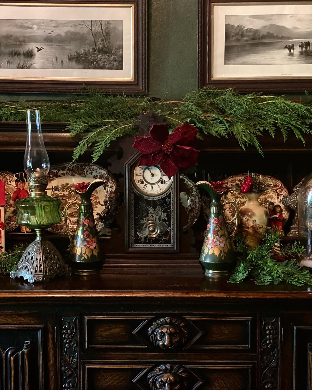 Focus on textures like velvet ribbon, matte ornaments and aged woods