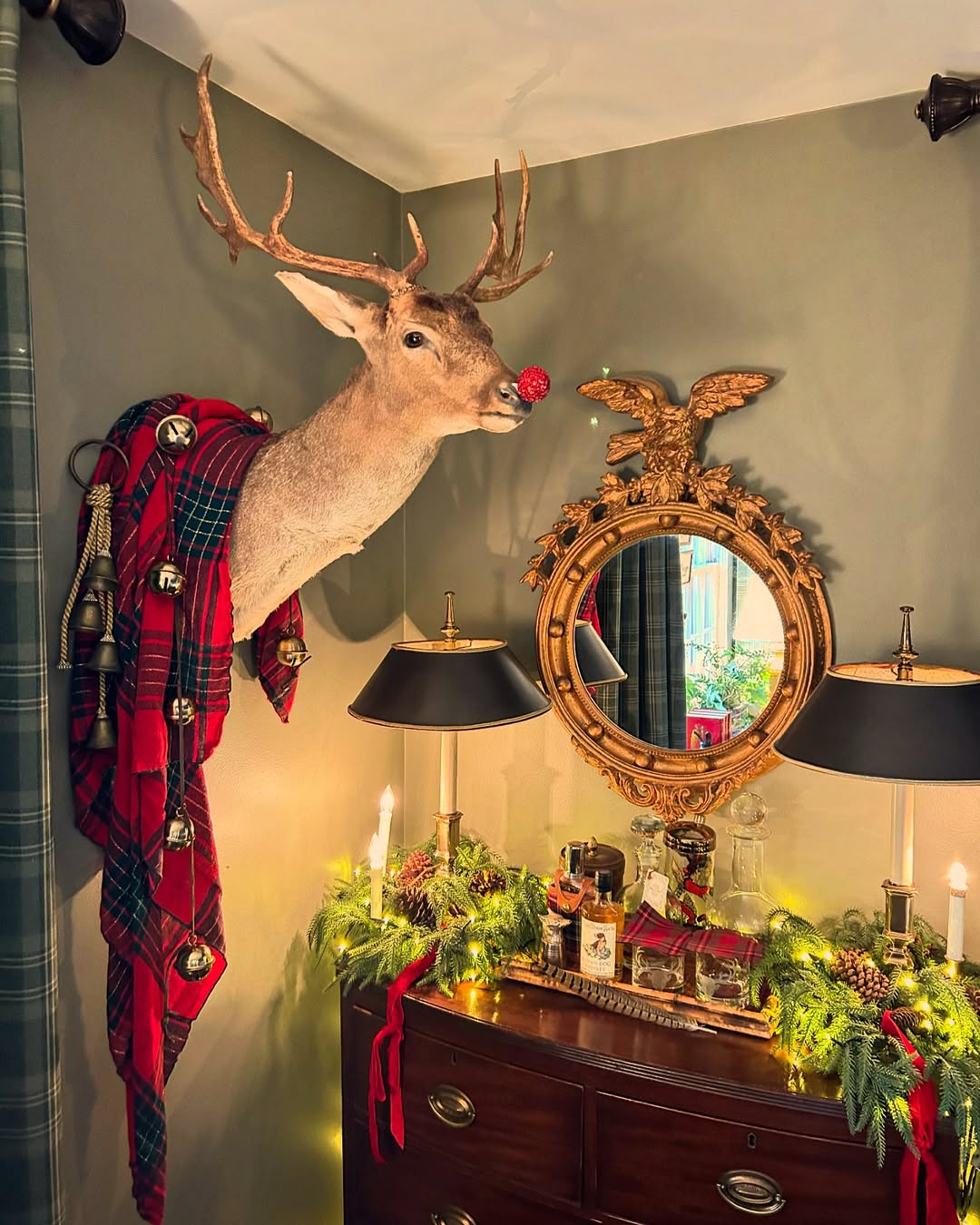 Plaid throws, dark wood, candlelights. Classic Ralph Lauren Christmas decor